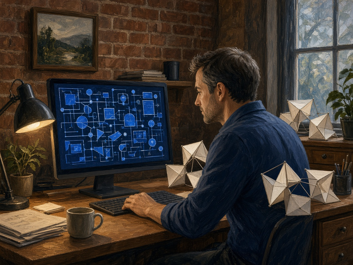 Illustrated designer working at the Shaw Software desk