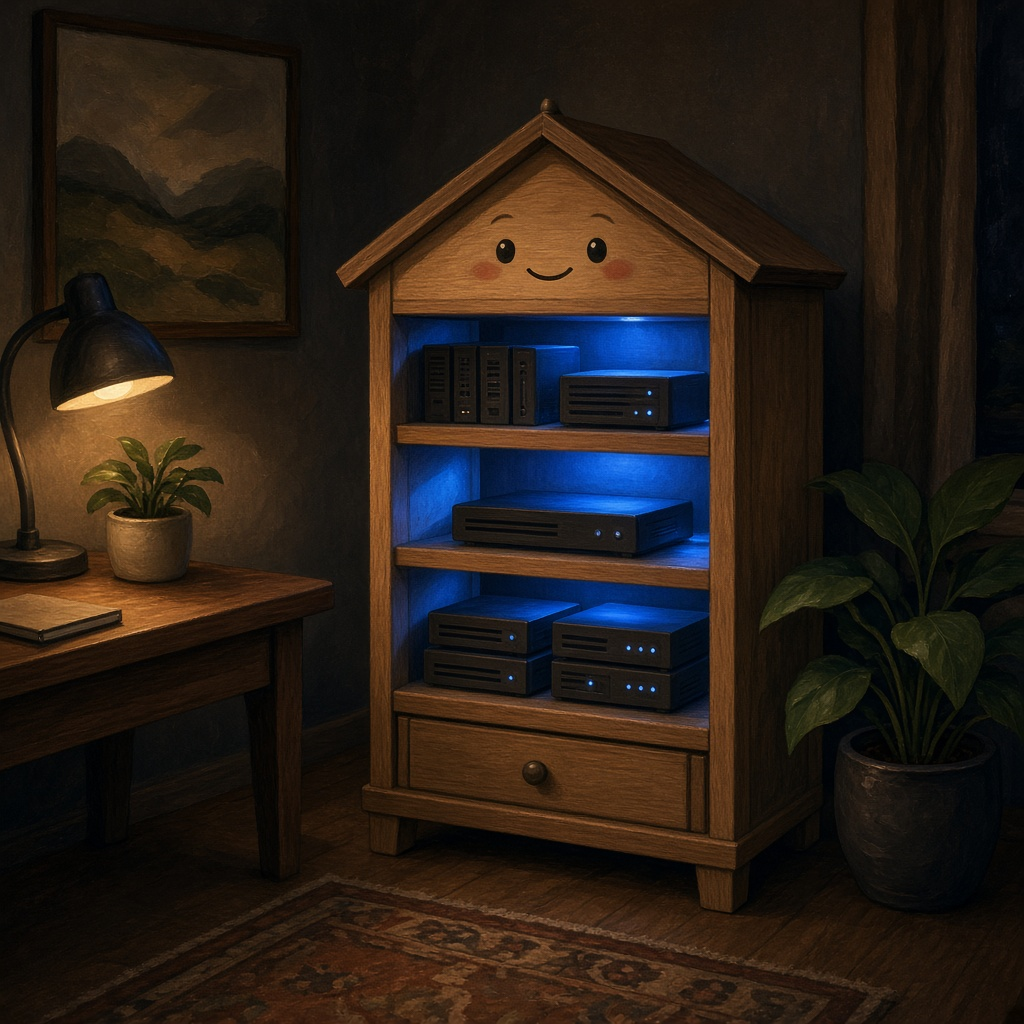 Illustrated cabinet of soft lights standing in for a small server